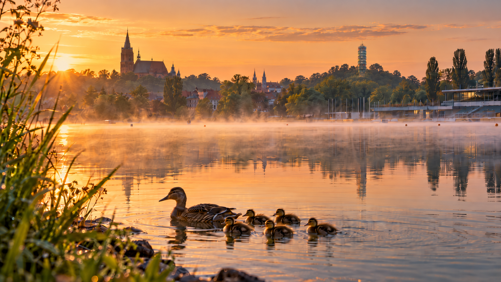 Regattastrecke in Brandenburg an der Havel am Morgen mit Entenfamilie, Dom und Friedenswarte
