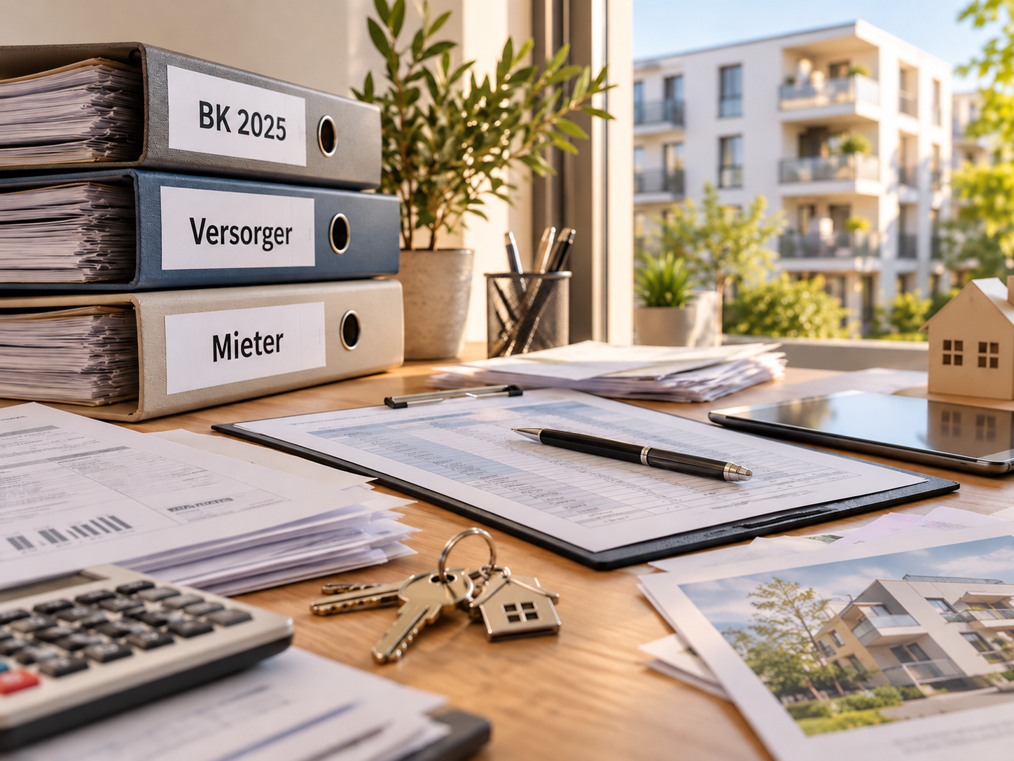 Hausverwaltung mit beschrifteten Ordnern BK 2025, Versorger und Mieter